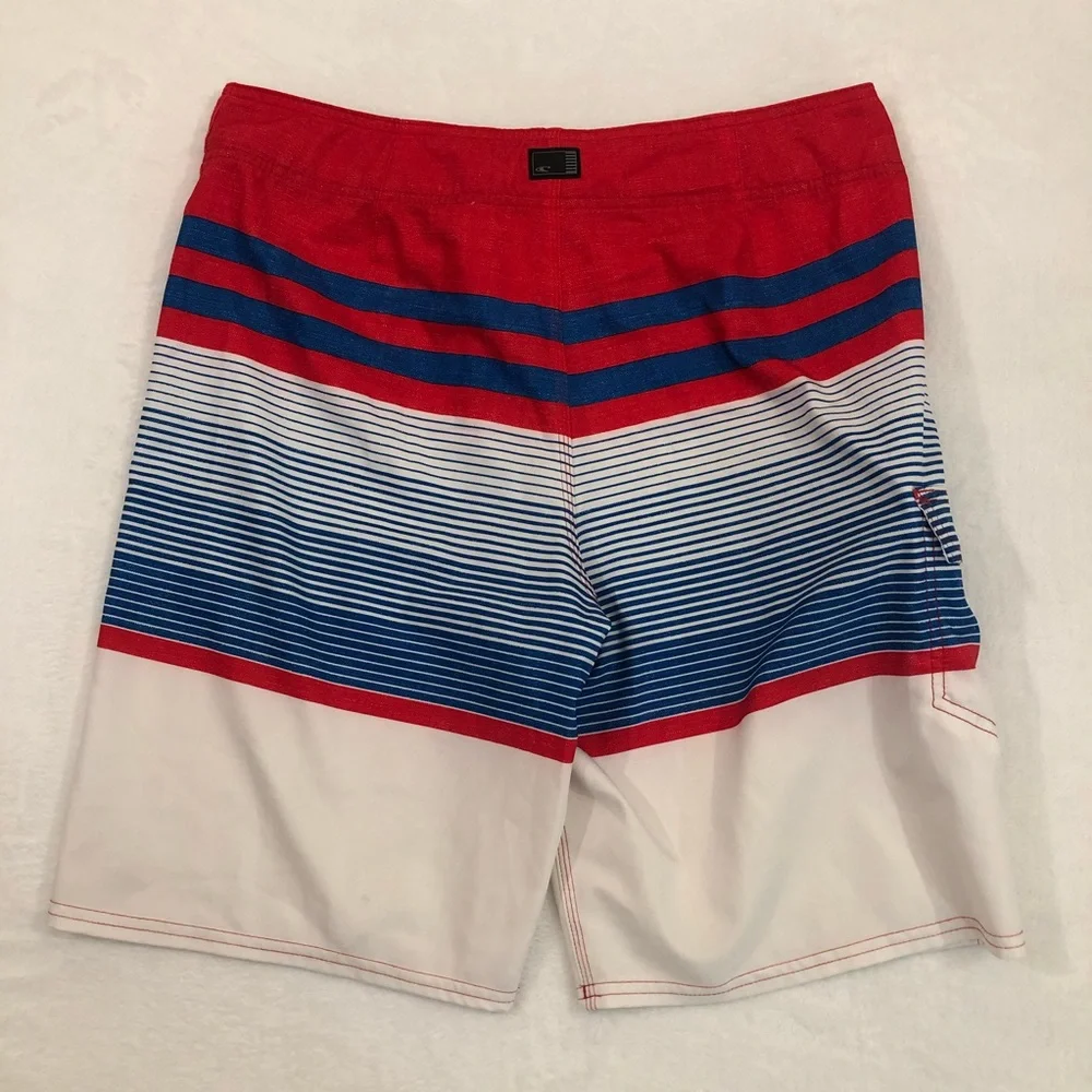O’Neill Patriotic Red White & Blue Striped Board Shorts Swim Trunk Mens Waist 32